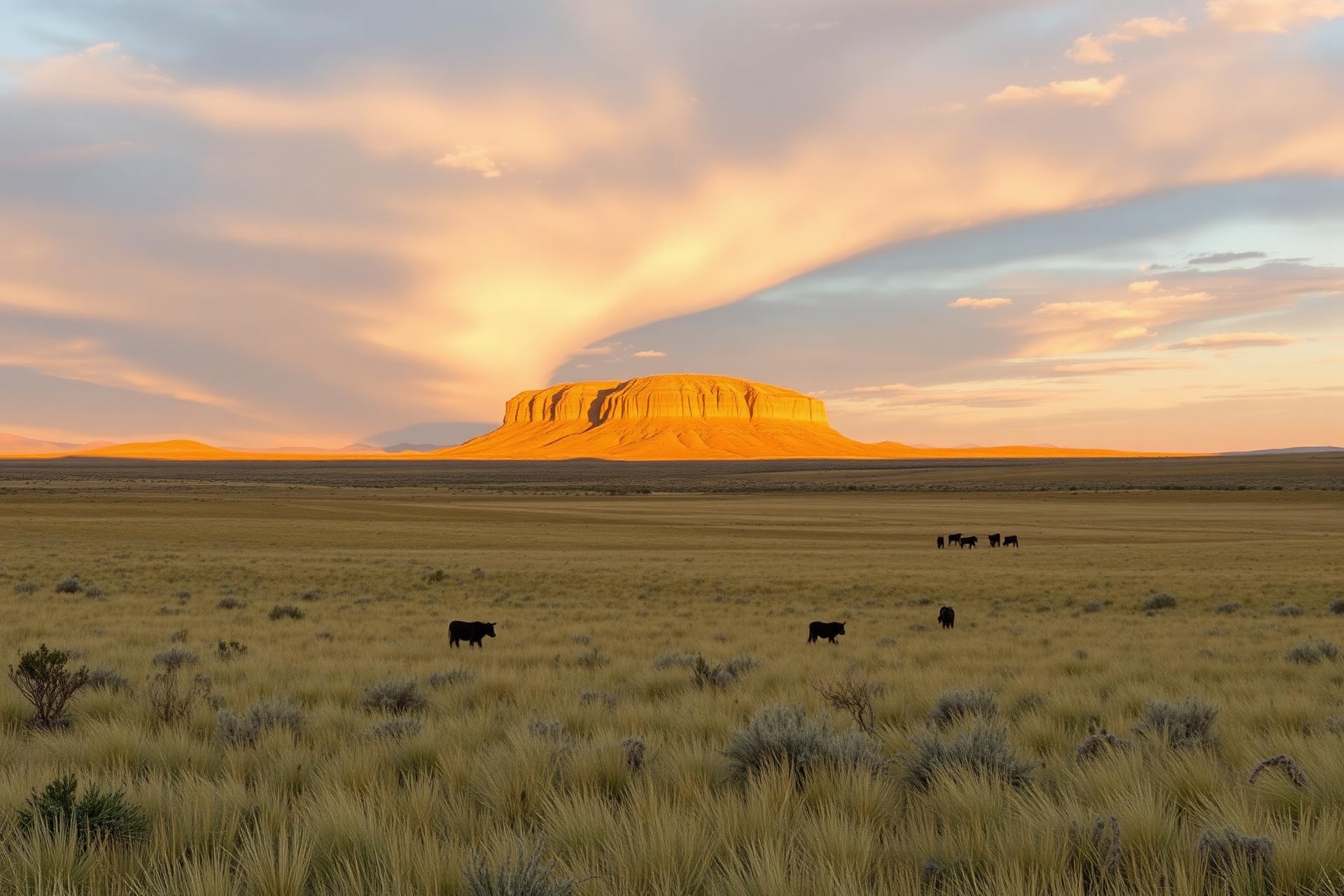 Cattle grazing beneath a mesa at golden hour on the Jacquez family ranch in New Mexico