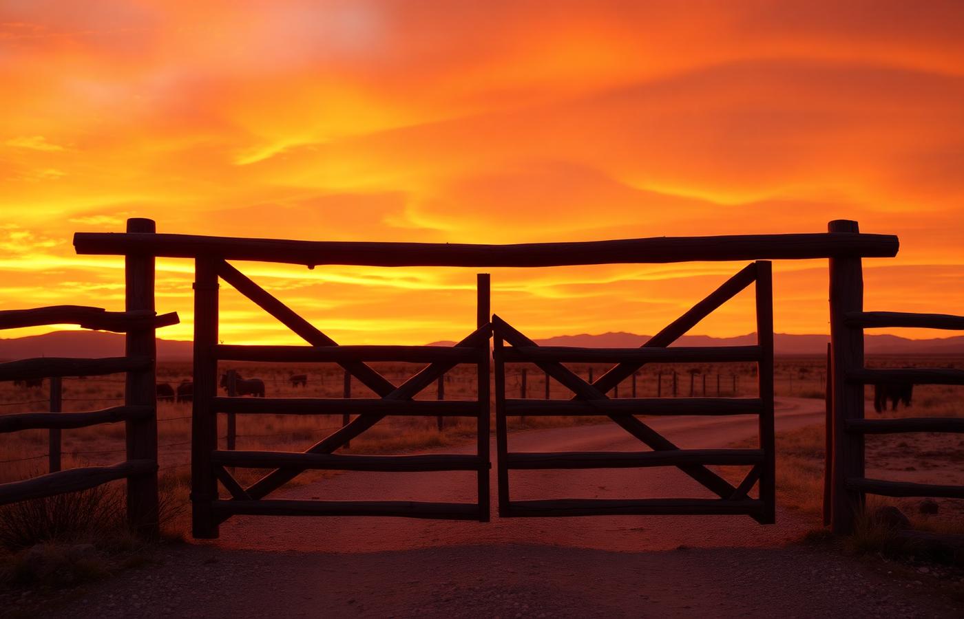 Ranch gate silhouetted against a New Mexico sunset